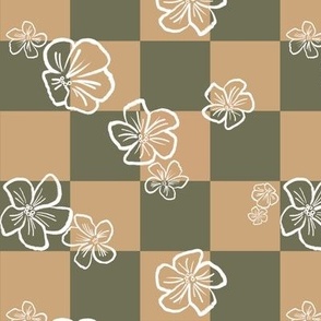 Small Scale | Playful Minimalistic Checkered Floral Pattern with Abstract White Wax Crayon Flowers on Retro Olive Green Mustard Yellow Checkerboard for Garden Upholstery, Kitchen Napkins, Kids Wallpaper and Modern Earthy Home Decor with Earthy Colors