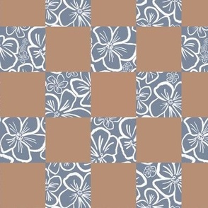 Small Scale | Playful Minimalistic Checkered Floral Pattern with Abstract White Wax Crayon Flowers on Retro Terracotta orange Cornflower Blue Checkerboard for Garden Upholstery, Kitchen Napkins, Kids Wallpaper and Modern Earthy Home Decor with Earthy Colo