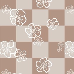 Small Scale | Playful Minimalistic Checkered Floral Pattern with Abstract White Wax Crayon Flowers on Retro Taupe Grey Warm Beige Checkerboard for Garden Upholstery, Kitchen Napkins, Kids Wallpaper and Modern Earthy Home Decor with Earthy Colors
