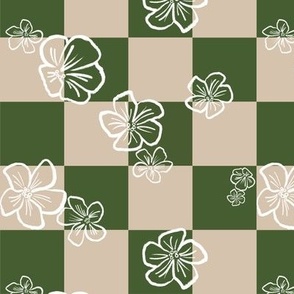 Small Scale | Playful Minimalistic Checkered Floral Pattern with Abstract White Wax Crayon Flowers on Retro Grass Green Taupe Beige Checkerboard for Garden Upholstery, Kitchen Napkins, Kids Wallpaper and Modern Earthy Home Decor with Neutral Colors