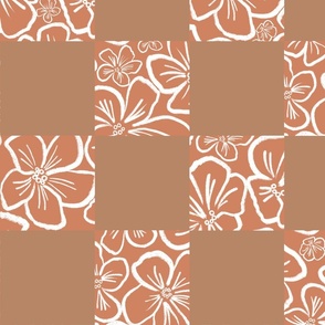 Playful Minimalistic Checkered Floral Pattern with Abstract White Wax Crayon Flowers on Retro Terracotta Orange Peach Orange Checkerboard for Garden Upholstery, Kitchen Napkins, Kids Wallpaper and Modern Earthy Home Decor with Earthy Colors