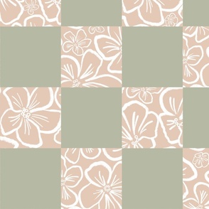 Playful Minimalistic Checkered Floral Pattern with Abstract White Wax Crayon Flowers on Retro Mint Green Pastel Blush Pink Checkerboard for Garden Upholstery, Kitchen Napkins, Kids Wallpaper and Modern Earthy Home Decor with Earthy Colors