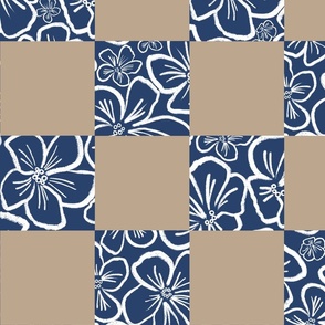 Playful Minimalistic Checkered Floral Pattern with Abstract White Wax Crayon Flowers on Retro Cobalt Blue Taupe Beige Checkerboard for Garden Upholstery, Kitchen Napkins, Kids Wallpaper and Modern Earthy Home Decor with Neutral Colors