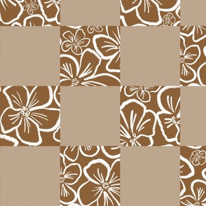 Playful Minimalistic Checkered Floral Pattern with Abstract White Wax Crayon Flowers on Retro Caramel Brown Warm Beige Checkerboard for Garden Upholstery, Kitchen Napkins, Kids Wallpaper and Modern Earthy Home Decor with Earthy Colors