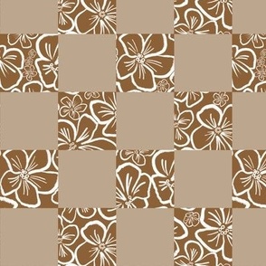 Small Scale | Playful Minimalistic Checkered Floral Pattern with Abstract White Wax Crayon Flowers on Retro Caramel Brown Warm Beige Checkerboard for Garden Upholstery, Kitchen Napkins, Kids Wallpaper and Modern Earthy Home Decor with Earthy Colors