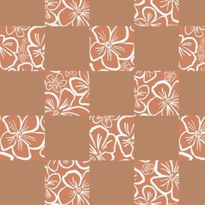 Small Scale | Playful Minimalistic Checkered Floral Pattern with Abstract White Wax Crayon Flowers on Retro Terracotta Orange Peach Orange Checkerboard for Garden Upholstery, Kitchen Napkins, Kids Wallpaper and Modern Earthy Home Decor with Earthy Colors