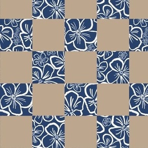 Small Scale | Playful Minimalistic Checkered Floral Pattern with Abstract White Wax Crayon Flowers on Retro Cobalt Blue Taupe Beige Checkerboard for Garden Upholstery, Kitchen Napkins, Kids Wallpaper and Modern Earthy Home Decor with Neutral Colors