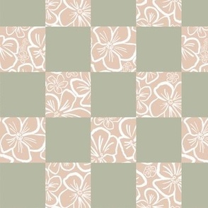 Small Scale | Playful Minimalistic Checkered Floral Pattern with Abstract White Wax Crayon Flowers on Retro Mint Green Pastel Blush Pink Checkerboard for Garden Upholstery, Kitchen Napkins, Kids Wallpaper and Modern Earthy Home Decor with Earthy Colors