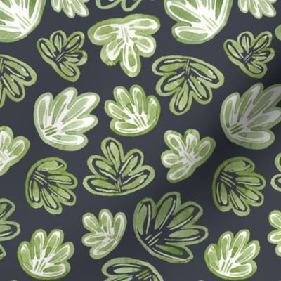 Small - Boho Watercolour Green Sea Shells Leaves, Foliage - Navy - 5.25x8.75 fabric // 24x40 wallpaper