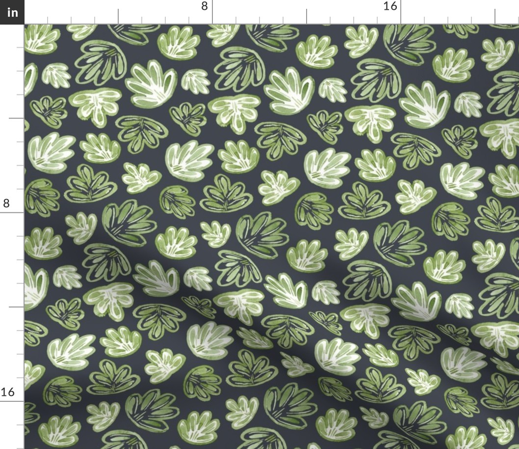 Small - Boho Watercolour Green Sea Shells Leaves, Foliage - Navy - 5.25x8.75 fabric // 24x40 wallpaper