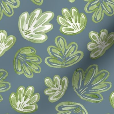 Medium - Boho Watercolour Green Sea Shells Leaves, Foliage - Grey Blue - 7x11.67 fabric // 24x40 wallpaper