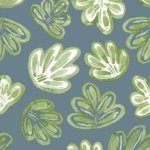 Medium - Boho Watercolour Green Sea Shells Leaves, Foliage - Grey Blue - 7x11.67 fabric // 24x40 wallpaper