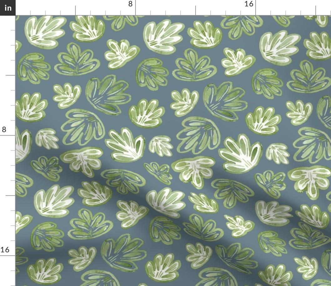 Medium - Boho Watercolour Green Sea Shells Leaves, Foliage - Grey Blue - 7x11.67 fabric // 24x40 wallpaper