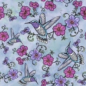 Hummingbirds & Flowers - blue-violet