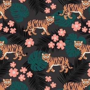 Tigers flowers and monstera and palm leaves - kids jungle wild animals asian wild life design summer teal pink orange on charcoal