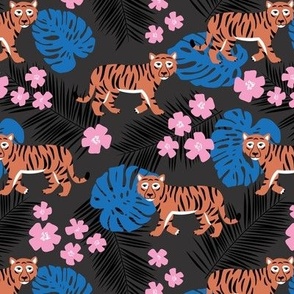 Tigers flowers and monstera and palm leaves - kids jungle wild animals asian wild life design summer pink orange eclectic blue on charcoal