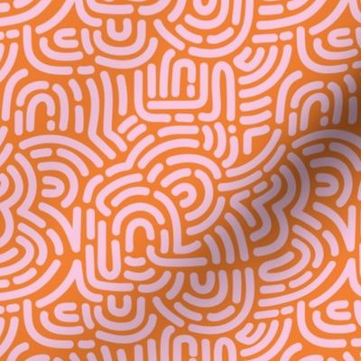 Funky colorful disco summer African Maze - retro groovy swirls and circles soft pink on bright orange