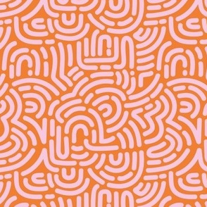 Funky colorful disco summer African Maze - retro groovy swirls and circles soft pink on bright orange