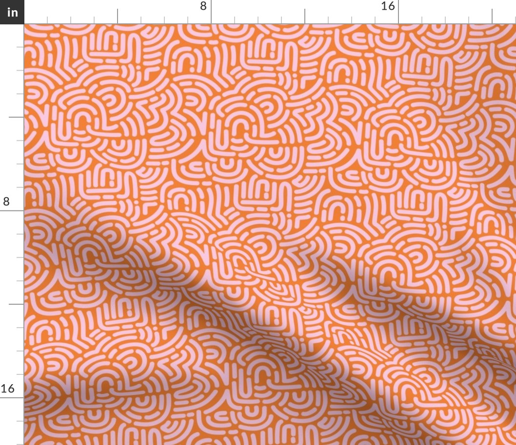 Funky colorful disco summer African Maze - retro groovy swirls and circles soft pink on bright orange