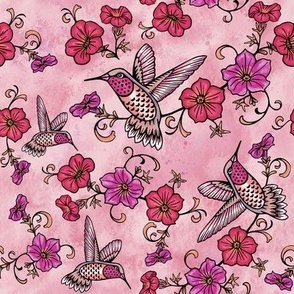 Hummingbirds & Flowers - pinks