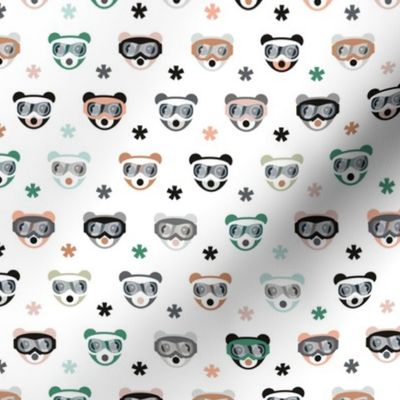 Winter wonderland grizzly bear design with ski goggles and snowflakes kids skiing design neutral teal green burnt orange on white