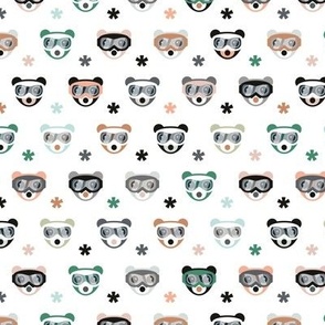 Winter wonderland grizzly bear design with ski goggles and snowflakes kids skiing design neutral teal green burnt orange on white