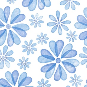 Blue Watercolor Flowers with Heart-Shaped Petals | Very Large Floral