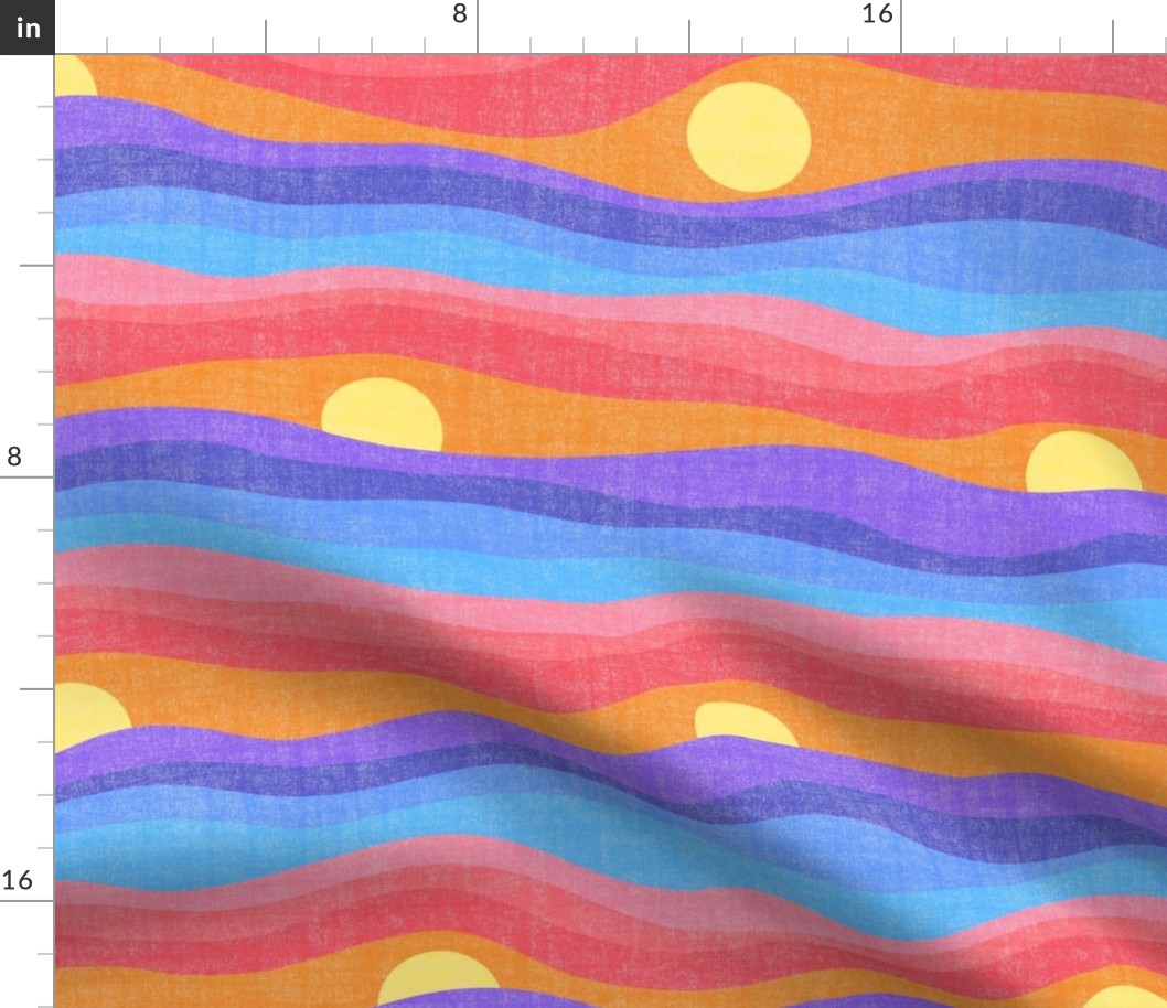Ocean Waves and Sunset | Minimalist Linen Textured Sun and Sea