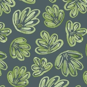 Medium - Boho Watercolour Green Sea Shells II Leaves, Foliage - Dark Teal - 7x11.67 fabric // 24x40 wallpaper