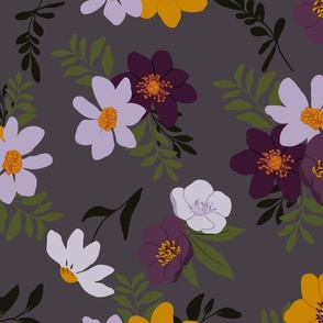 Fall Flowers in Shades of Purple and Yellow with Green Botanical Elements on a Light Charcoal Background