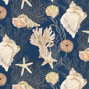 12" Seashell Serenity - Beach Coastal Shells Coral Starfish Watercolor Navy