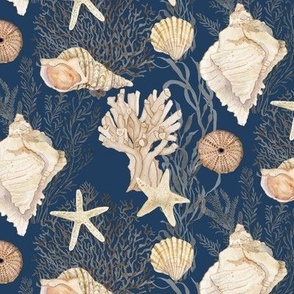 24" Seashell Serenity - Beach Coastal Shells Coral Starfish Watercolor Navy