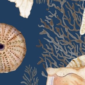 48" Seashell Serenity - Beach Coastal Shells Coral Starfish Watercolor Navy