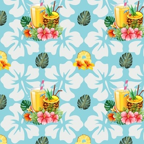 Tropical Fruit Pineapple with Flower and Blue Background