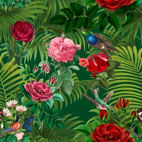 Roses,tropical,exotic art,birds,hummingbirds 