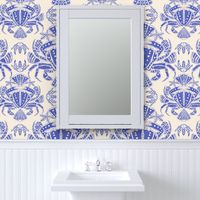 Coastal bathroom wallpaper with crab and sea shells in iris blue 