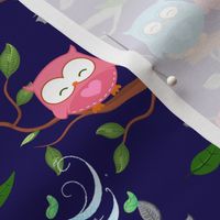 Owls on the Tree Trunks with Leaves and Dark Blue Background