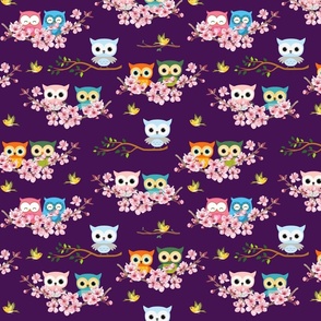 Owls on the Pink Flowers Tree Trunks and Yellow Birds with Dark Purple Background