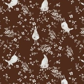 Rabbits and Flowers in Off White on Chocolate Brown (SMALL) B23008R01A