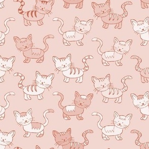465 - Small scale cats in soft monochromatic blush baby pink, happy animals, long tails, smiley faces for kids decor, wallpaper, children's bed linen and apparel.