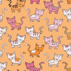 465 - Small scale cats in soft mango orange, candy pink and charcoal, happy animals, long tails, smiley faces for kids decor, wallpaper, children's bed linen and apparel.