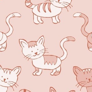 465 - Large scale cats in soft monochromatic blush baby pink, happy animals, long tails, smiley faces for kids decor, wallpaper, children's bed linen and apparel.