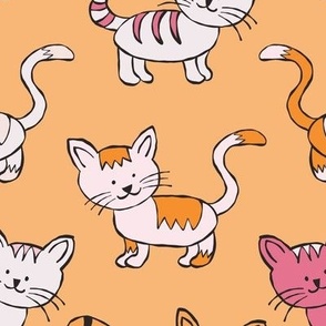 465 - Large scale cats in soft mango orange, candy pink and charcoal, happy animals, long tails, smiley faces for kids decor, wallpaper, children's bed linen and apparel.