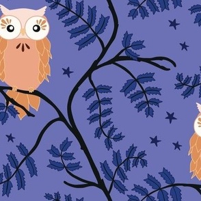 Sweet Halloween owl in a spooky tree on a purple background