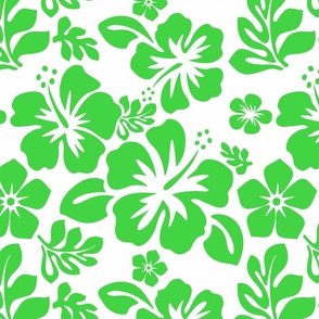 BRIGHT LIME GREEN HAWAIIAN FLOWERS ON WHITE - SMALL SIZE