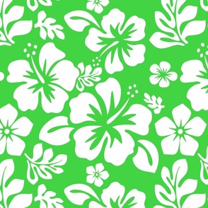 WHITE HAWAIIAN FLOWERS ON BRIGHT LIME GREEN - SMALL SIZE