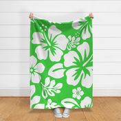 WHITE HAWAIIAN FLOWERS ON BRIGHT LIME GREEN -LARGE SCALE