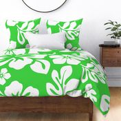 WHITE HAWAIIAN FLOWERS ON BRIGHT LIME GREEN -LARGE SCALE