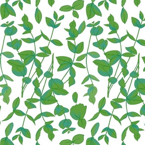 Repeating pattern of eucalyptus branches and leaves in green and blue