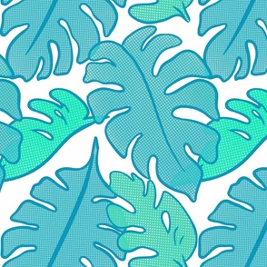 Pastel blue and green monstera leaves in dotted print pattern - large